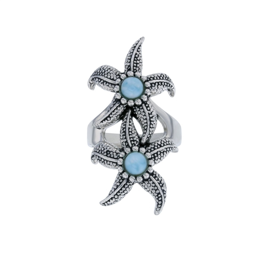 925 Sterling Silver Larimar Double Starfish Textured Ring 9.5 gm